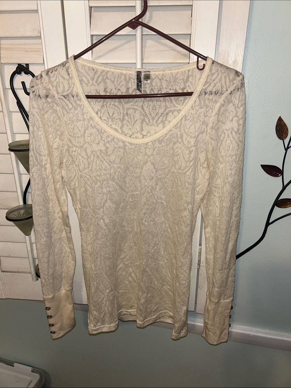 BKE Cream Lace-Pattern Long Sleeve Scoop Neck Top